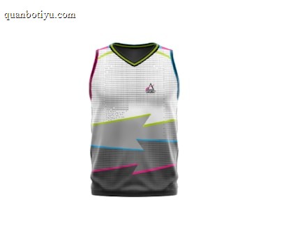 A sleeveless sports jersey with a modern design. The jersey features a pixelated gradient pattern transitioning from white at the top to dark gray at the bottom, accented with bright lines of pink, yellow, and teal. The collar is outlined in black and yellow, and there is a small logo near the upper chest area.